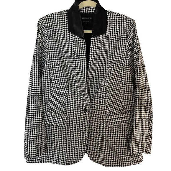 Lane Bryant Womens Jacket Black White Houndstooth Size 18 Leather Collar - Picture 1 of 3